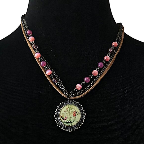 Romantic Hummingbird Pendant Necklace Triple Strand Adjustable Length - Picture 1 of 3